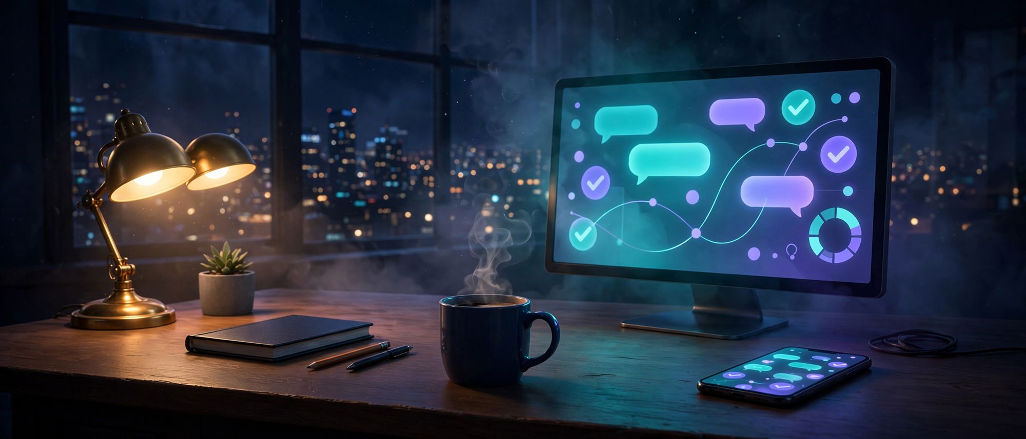 Mesa de escritório de madrugada, com monitor e celular mostrando conversas atendidas